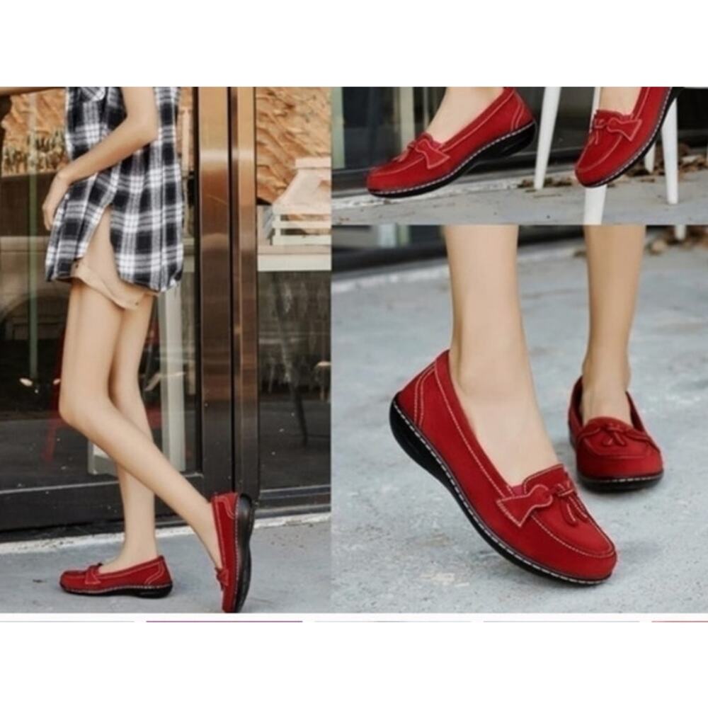 Osslue NWOT Bright Red Micro Suede Slip On Comfort Penny Loafers Size 7